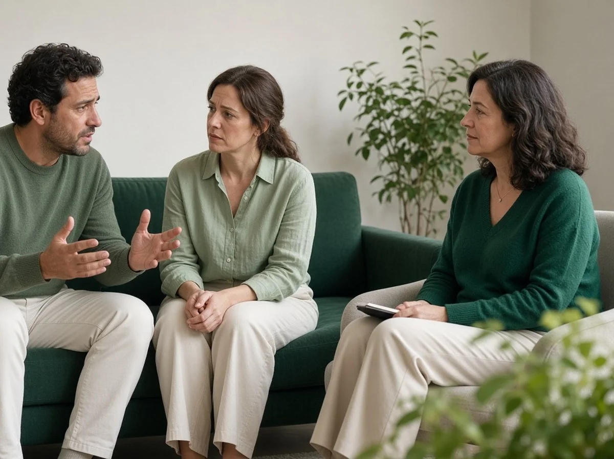 Couple on a green sofa talking with a counsellor, one partner speaking with emotion