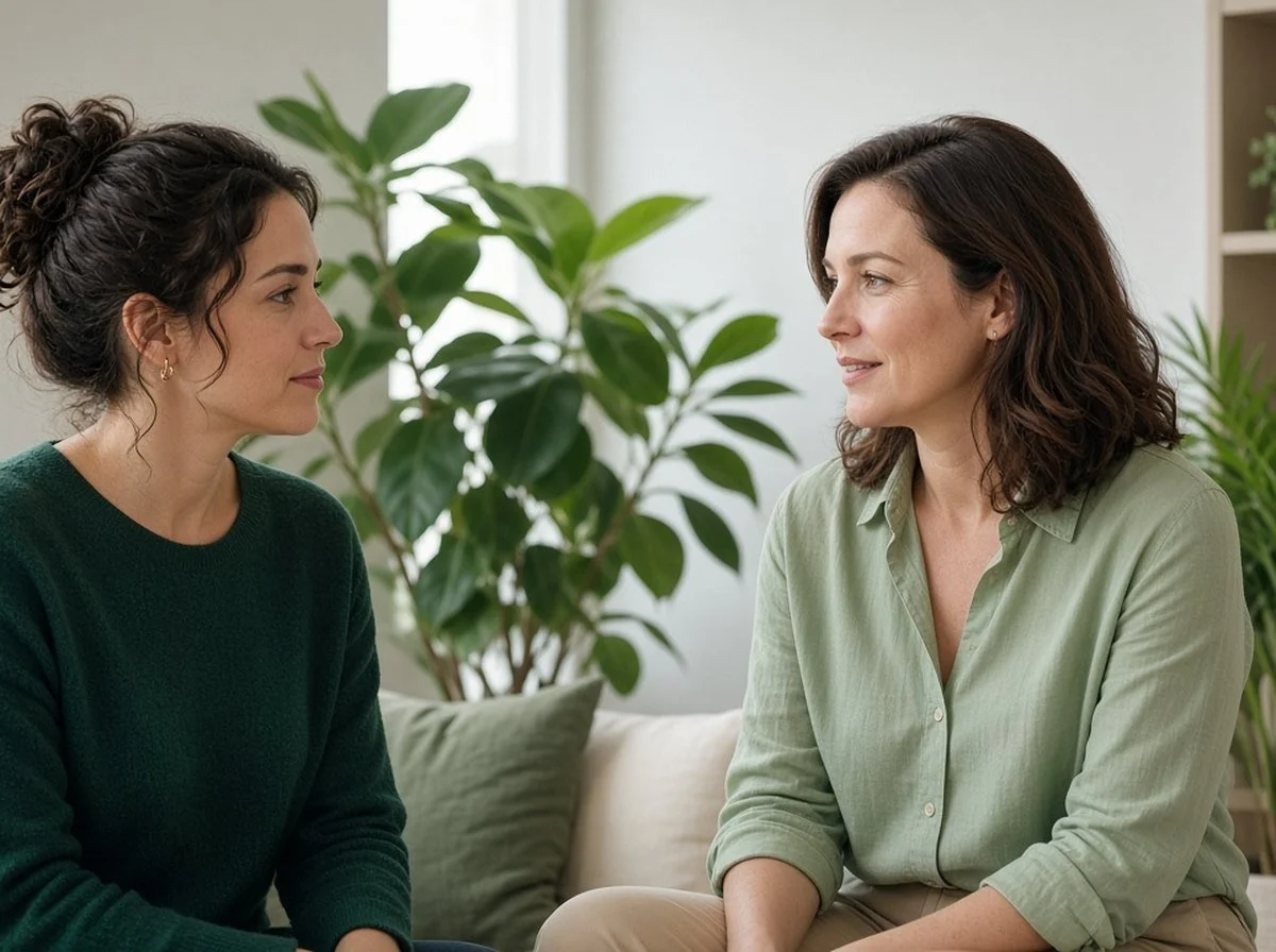 Woman and a psychologist talking in a bright office