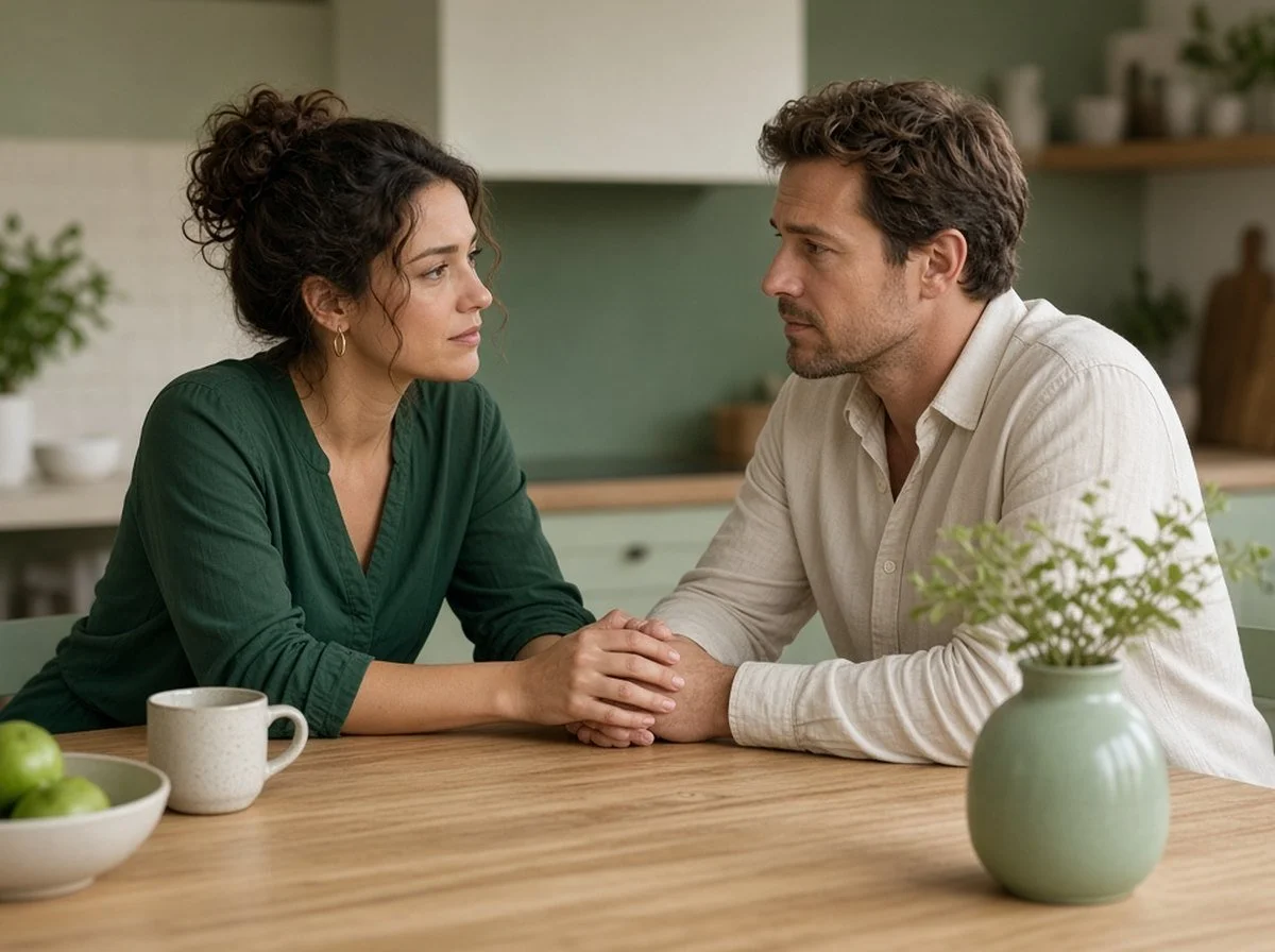 A couple having a calm, honest conversation at their kitchen table