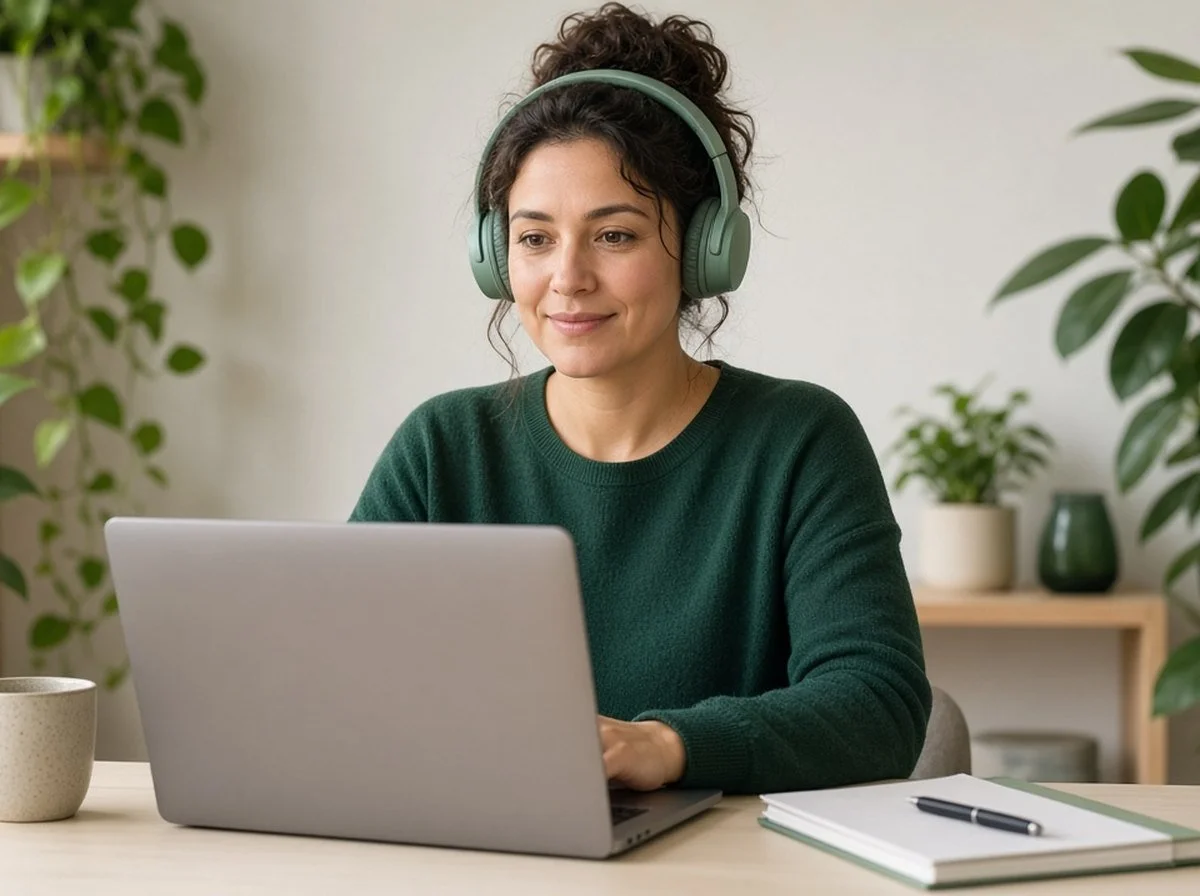 Adult attending an online therapy session from home