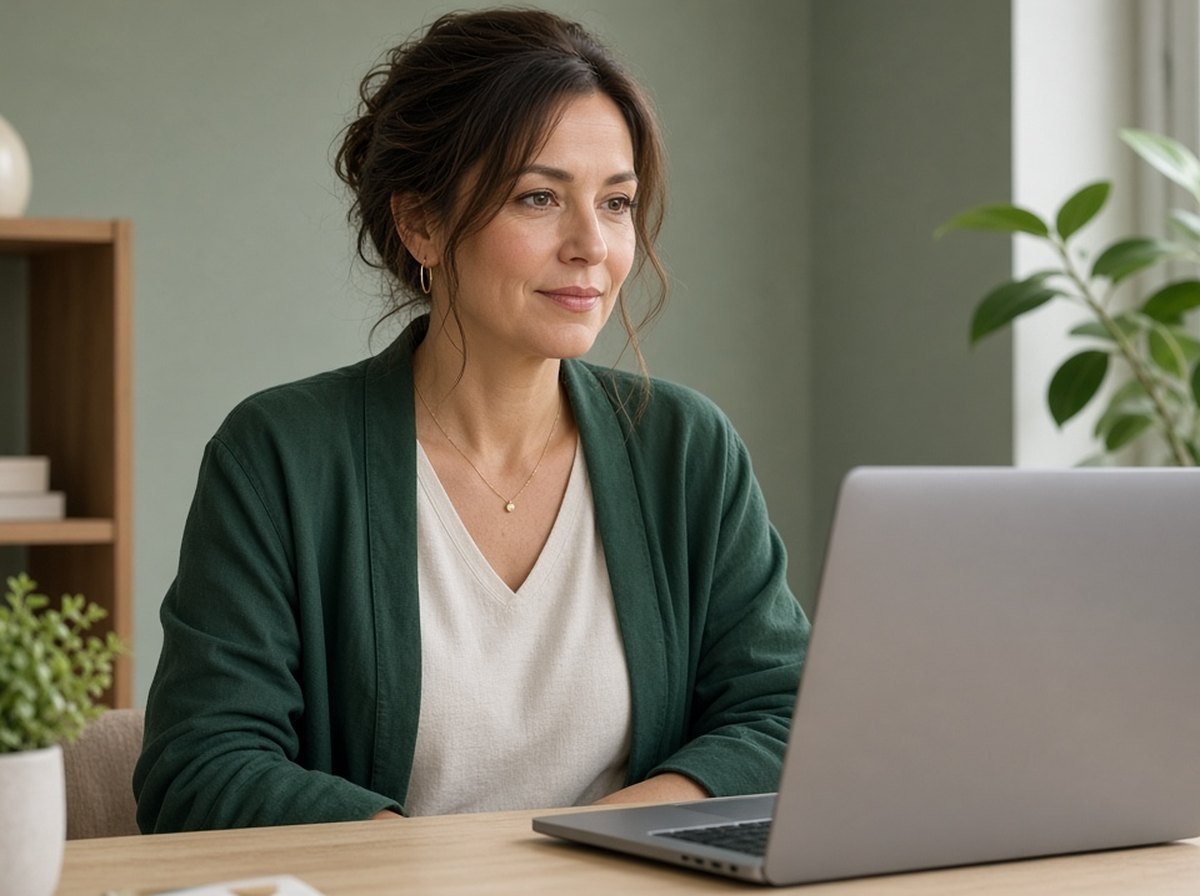A woman at home during a calm online therapy session
