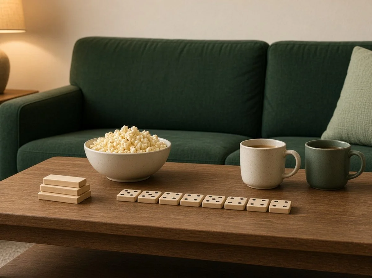 Family game night set-up with dominoes, popcorn and two mugs on a coffee table