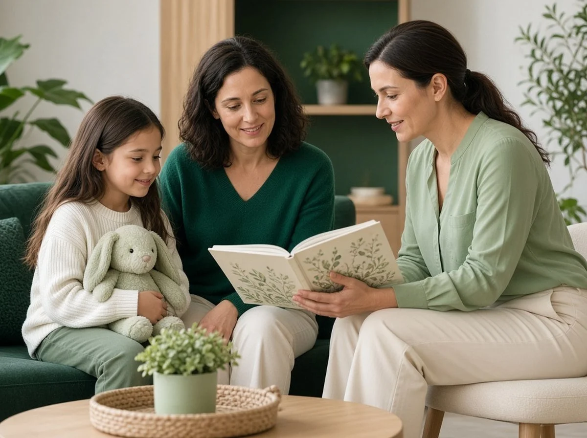 A child and parent working with a therapist on needle fear
