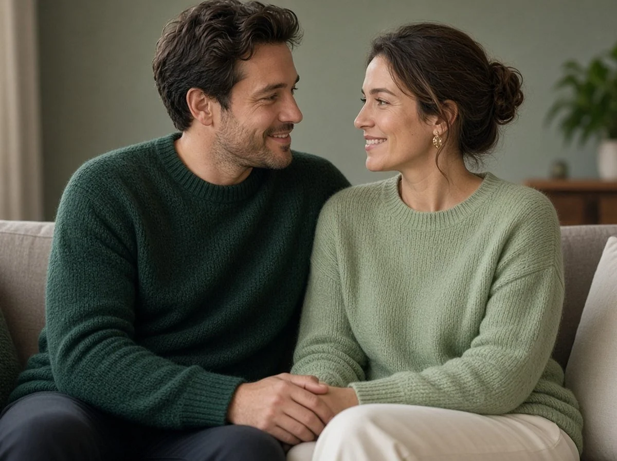 A couple talking openly on the sofa at home