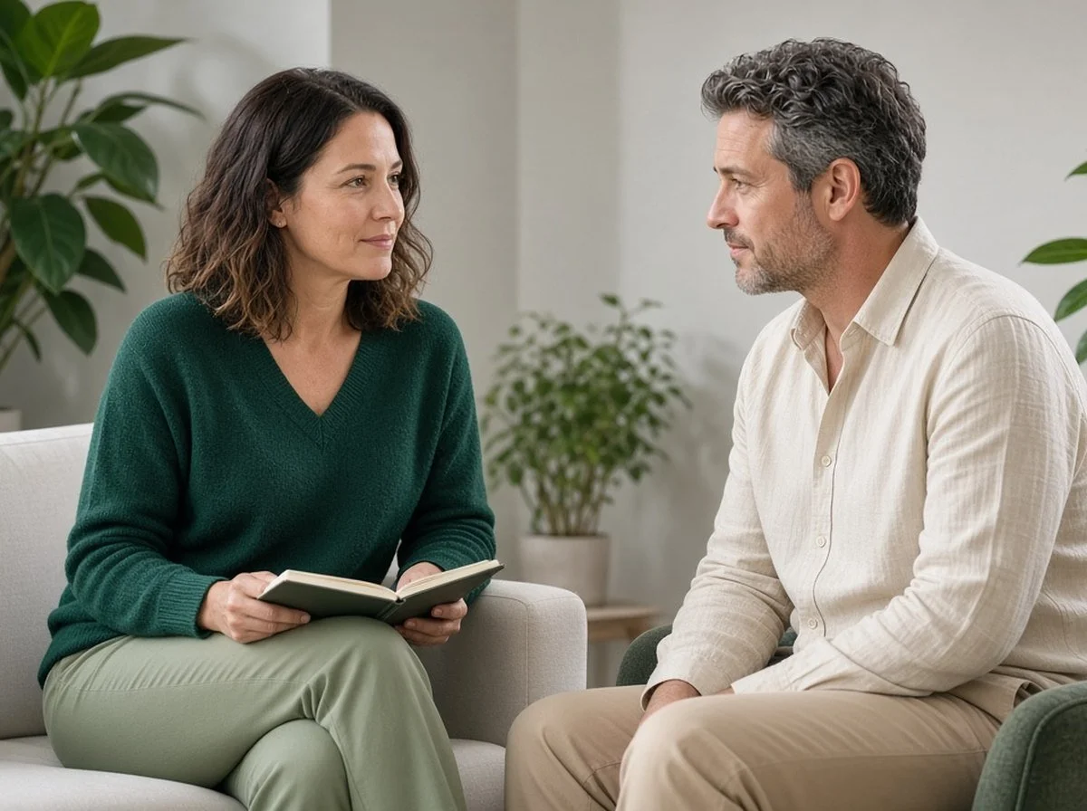 Woman holding a notebook talking with a male therapist