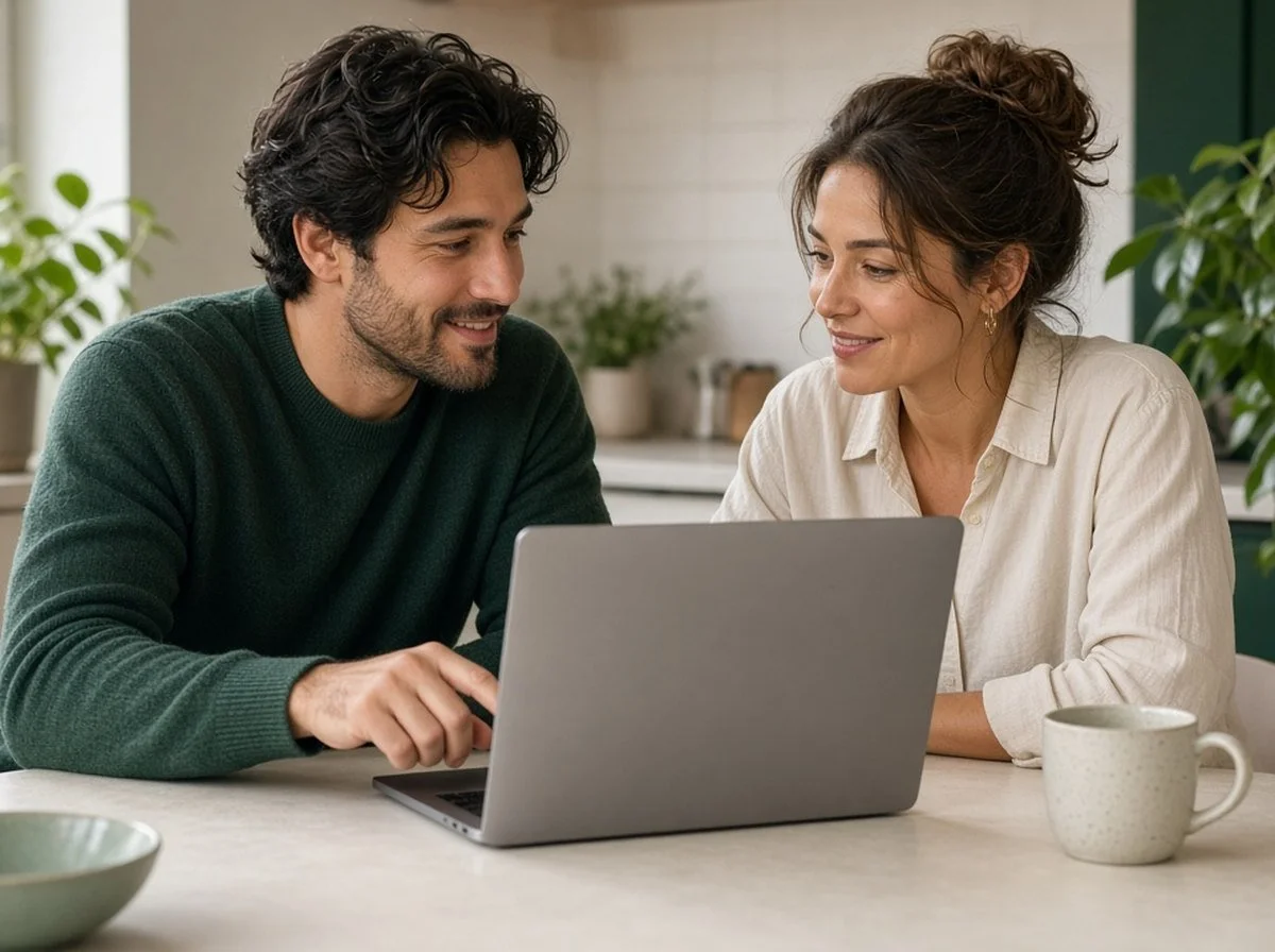A couple at a kitchen table looking at a laptop together