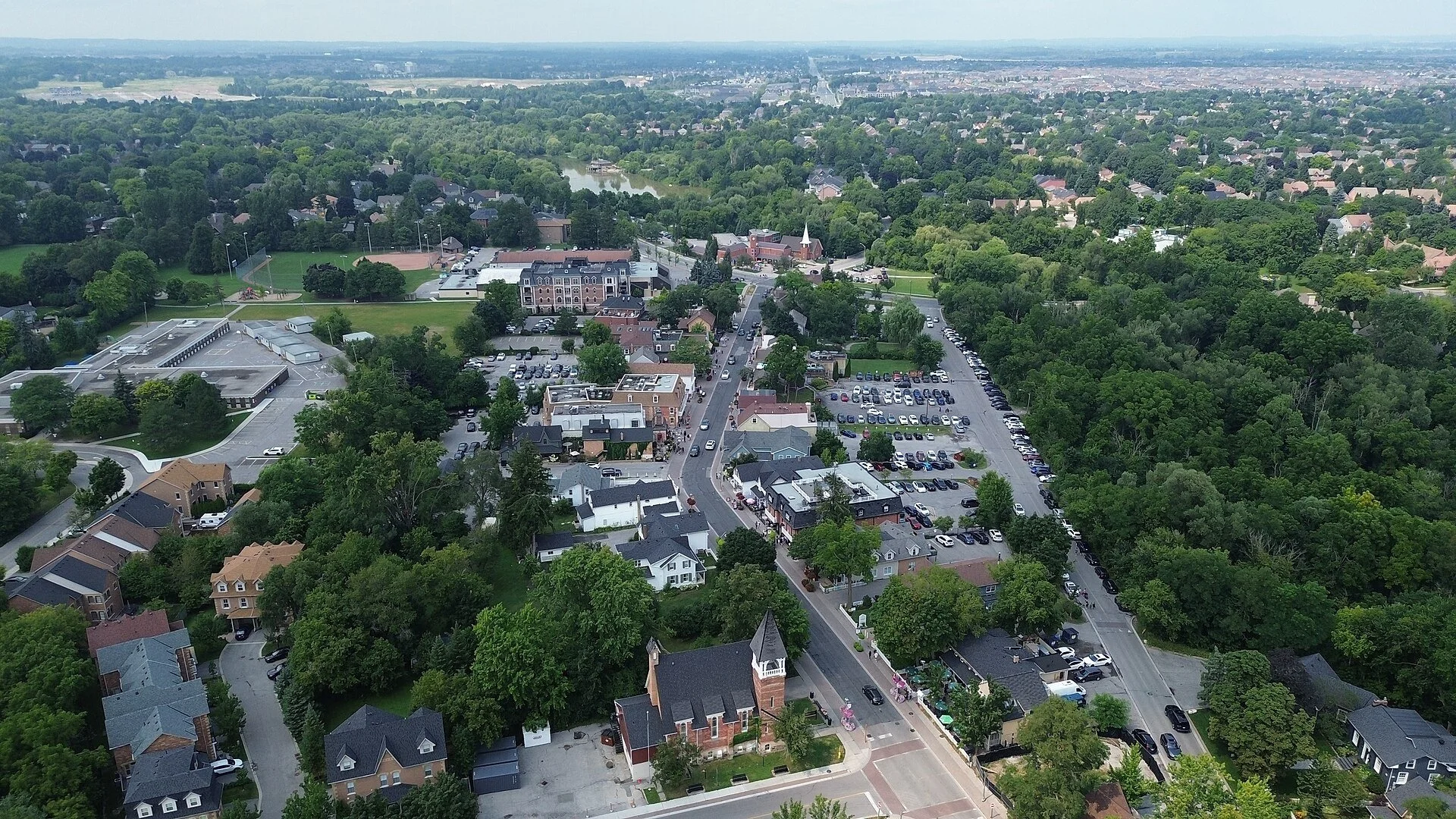 Aerial view of Main Street Unionville and the surrounding trees in Markham.