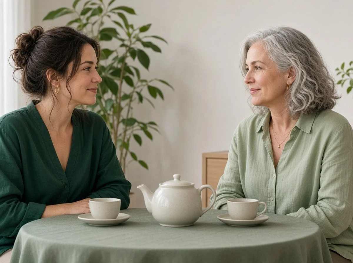 Two women facing each other and talking quietly over tea in a calm room