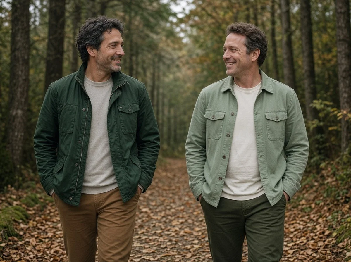Two adults talking on a quiet walk outdoors