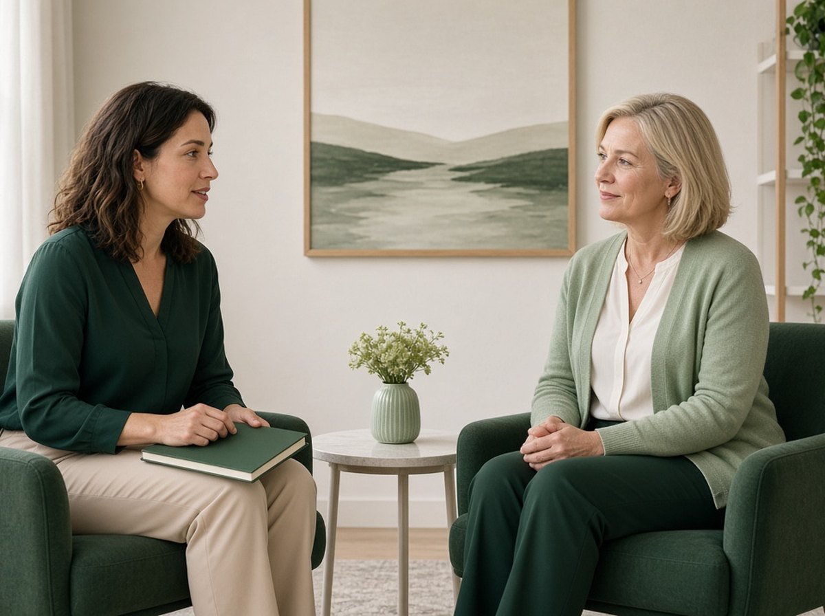 A woman sharing her notebook with a counsellor