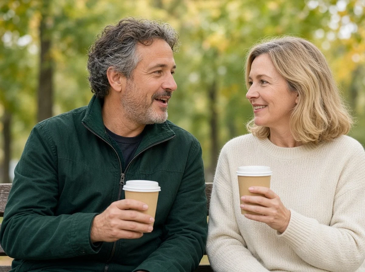 Two friends smiling and talking on a park bench with coffee