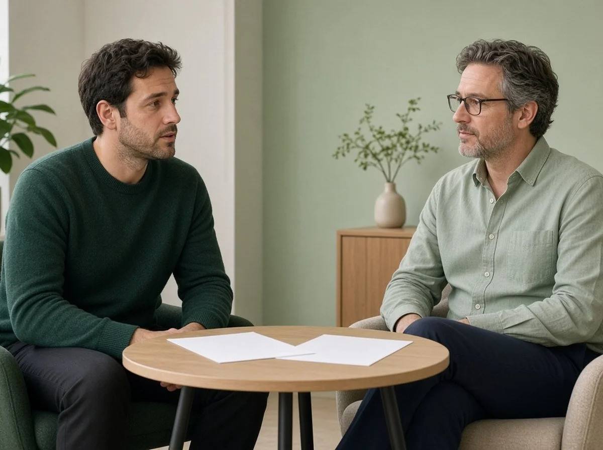 Man and a psychologist talking at a table in a bright office