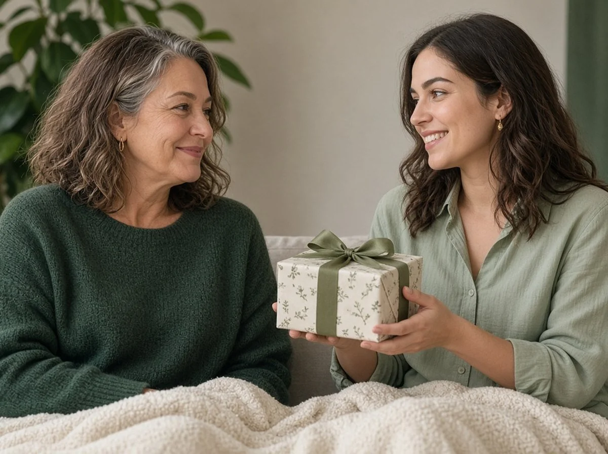 A mother and adult daughter sitting together on a sofa, the daughter holding a small wrapped gift