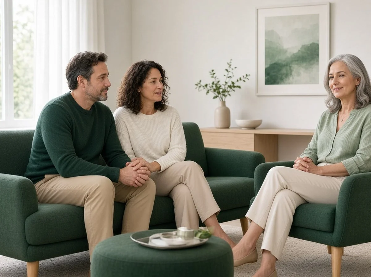 A couple talking with a counsellor in a bright office