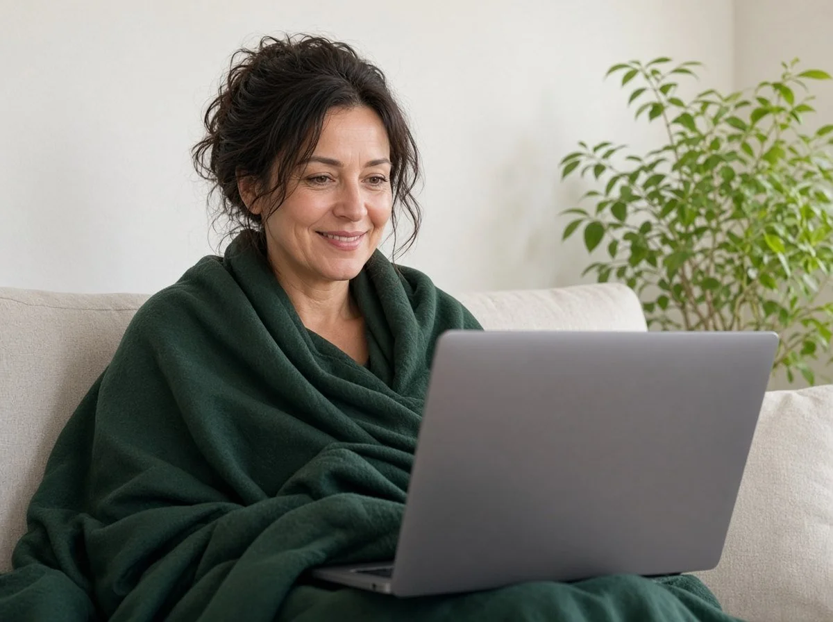 Woman on a couch with a blanket smiling during a video call
