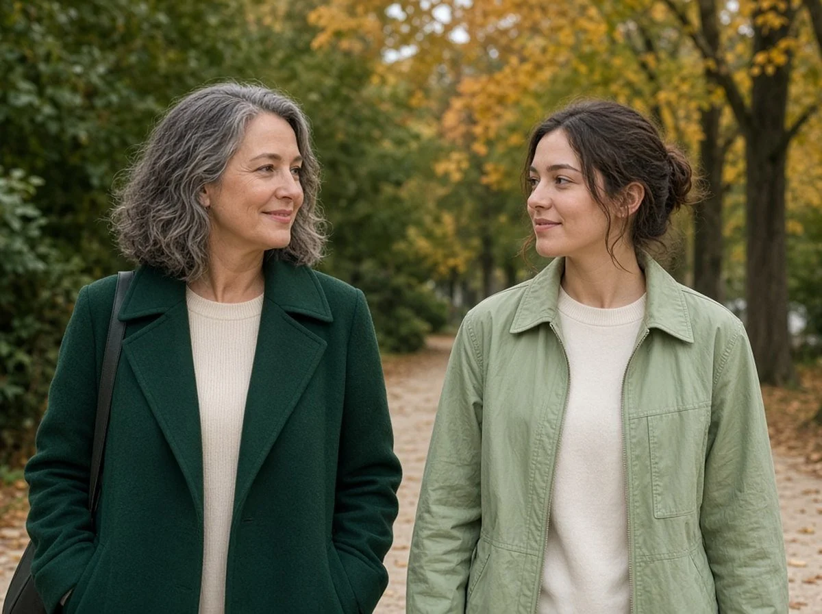 A mother and her adult daughter talking on an autumn walk