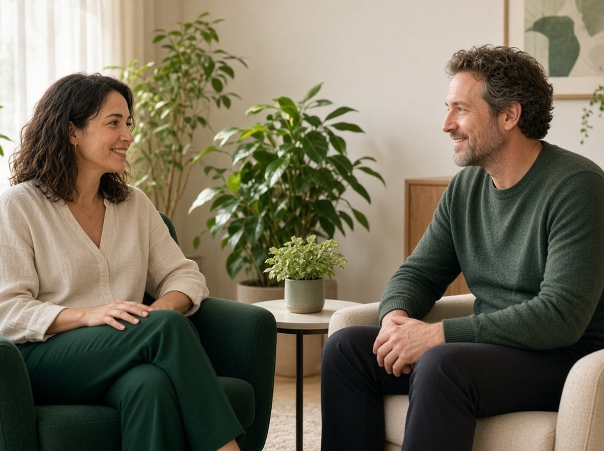 A woman talking with a counsellor in a sunny office