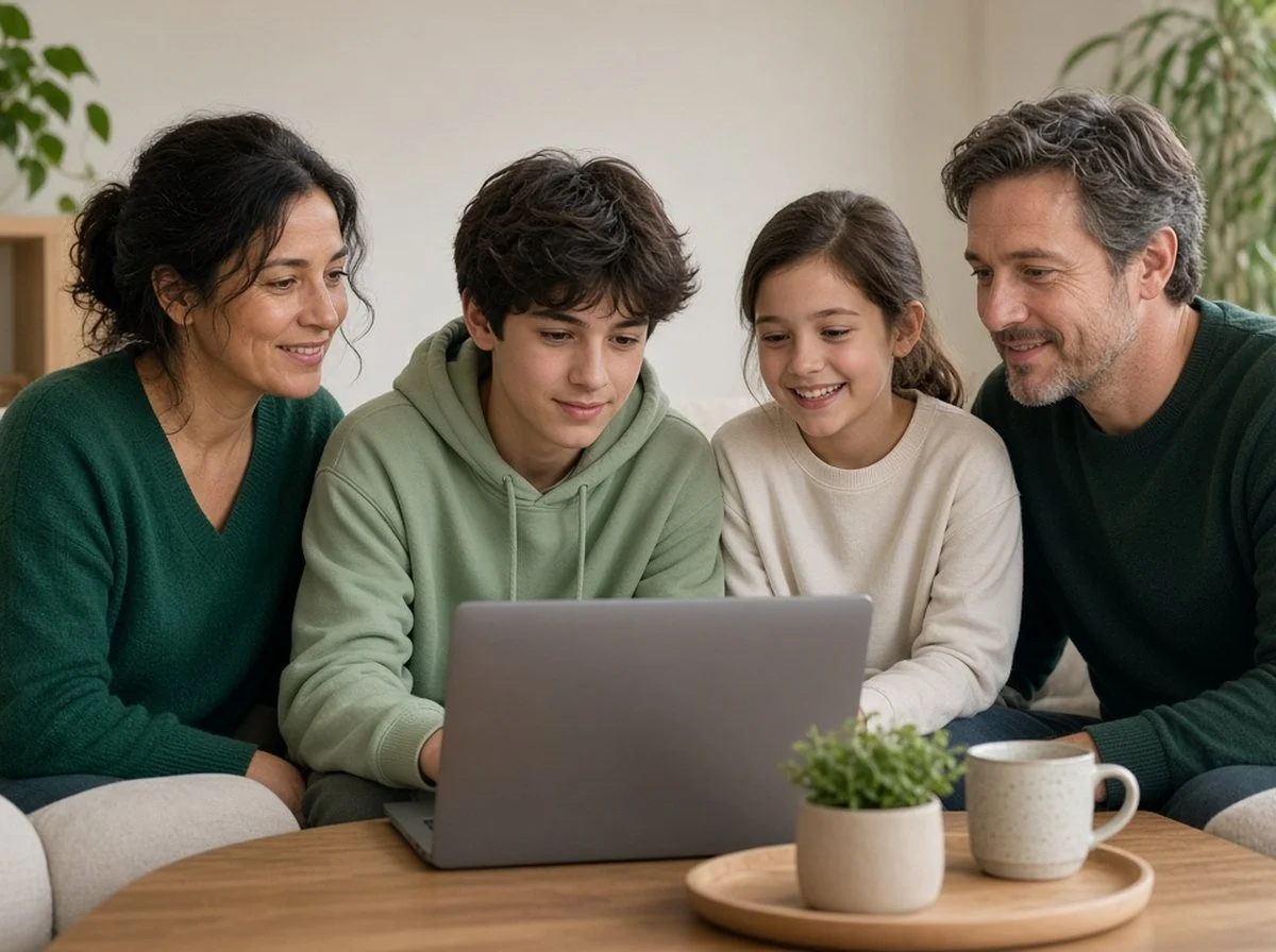 A blended family of four on a couch at home during an online family session