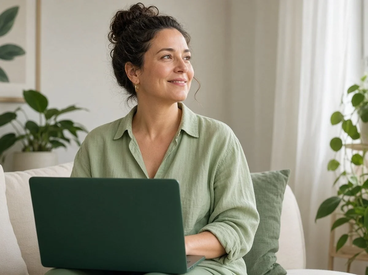 An adult at home in an online therapy session, looking relieved