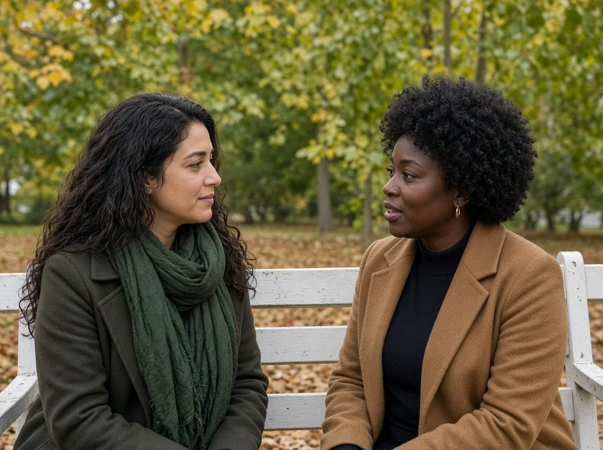 Woman listening with care to a friend on a park bench