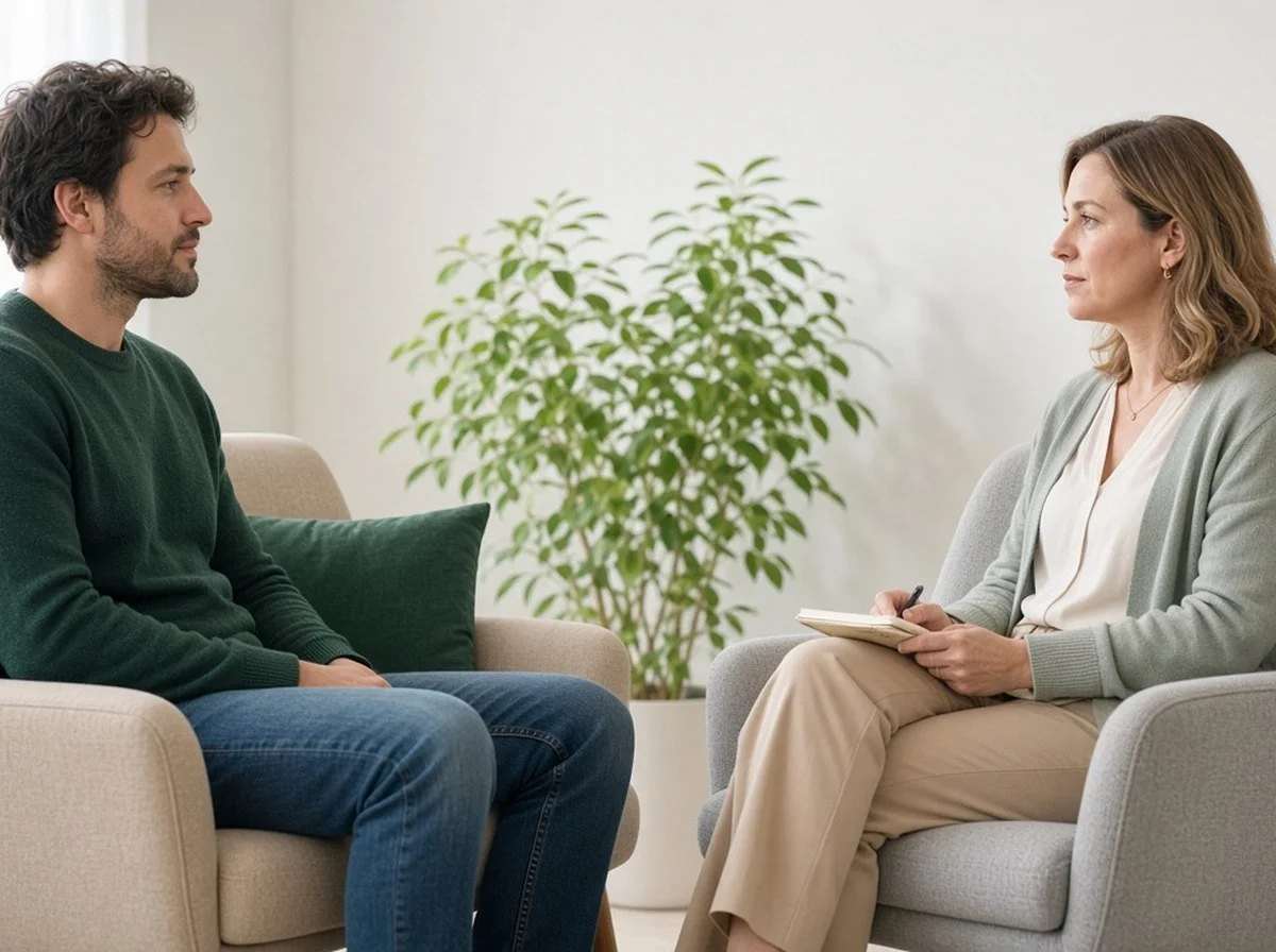 Man talking with a woman counsellor, seen from the side