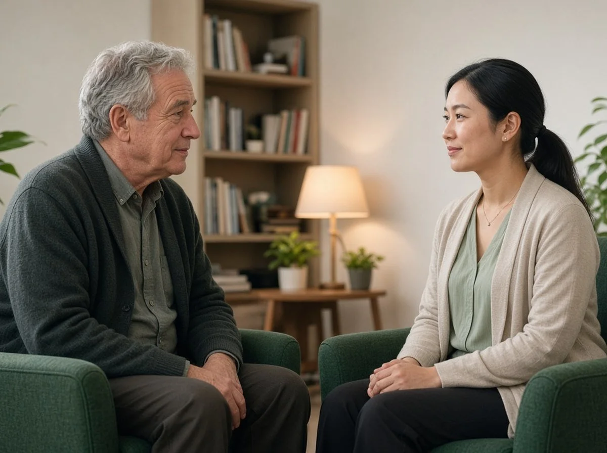 Older man talking with a woman therapist in a cozy office