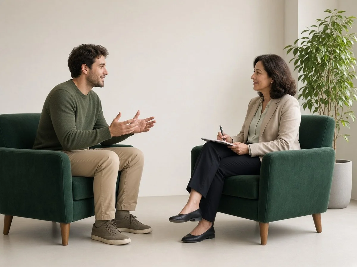 Young man talking with a therapist in a calm office