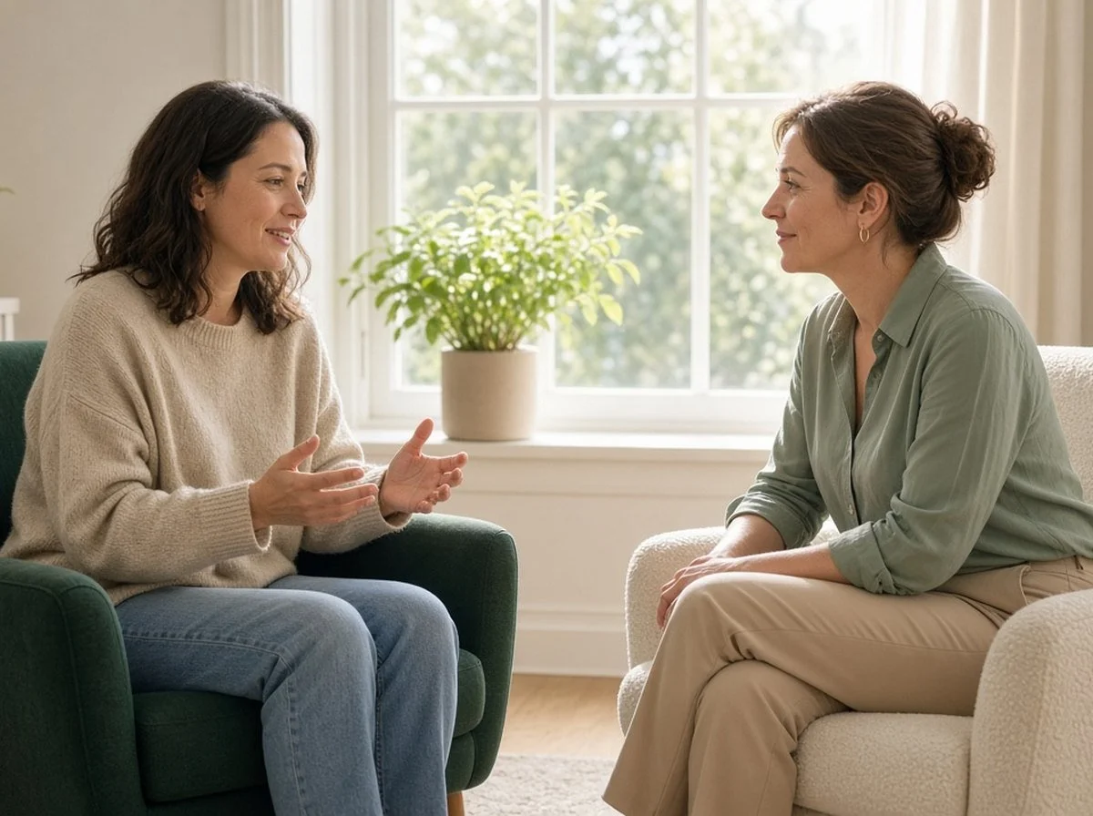 A tired but relieved woman talking face to face with a counsellor in a bright counselling room