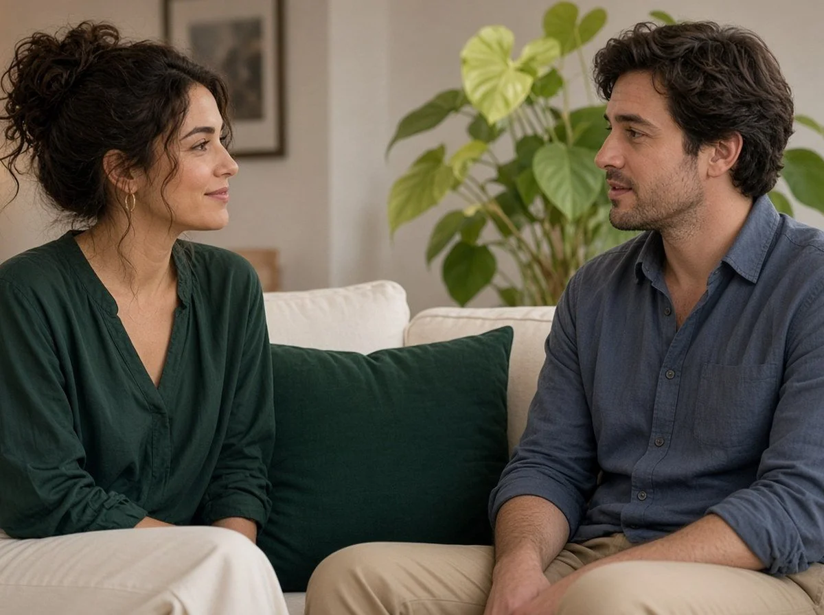 Two partners on a couch face to face, both faces visible, gentle conversation