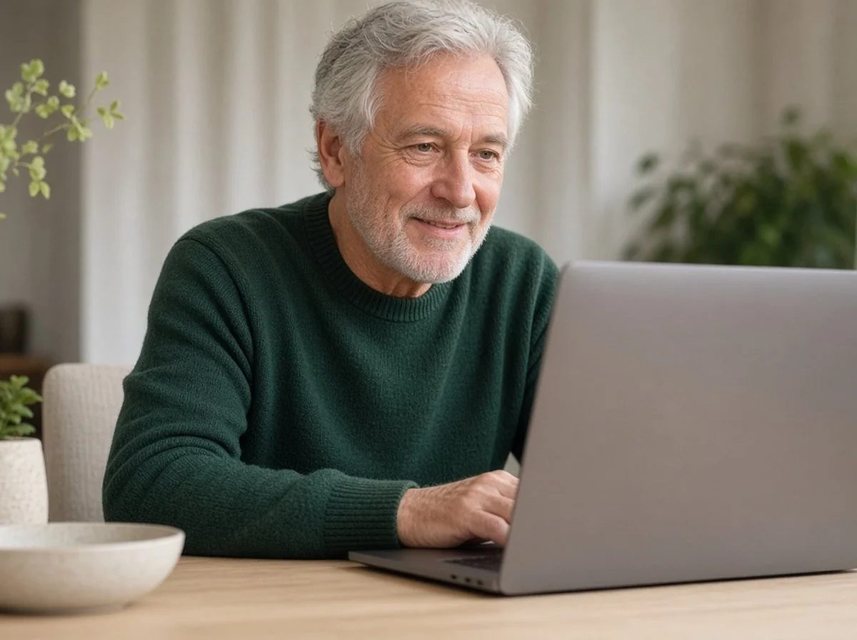 An older adult in an online counselling session at home