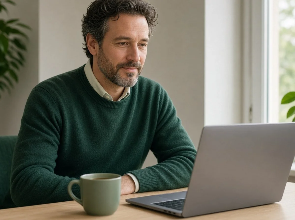 A man at home by a window during an online therapy session