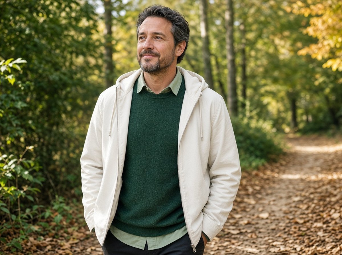 A man taking a restorative walk on an autumn trail
