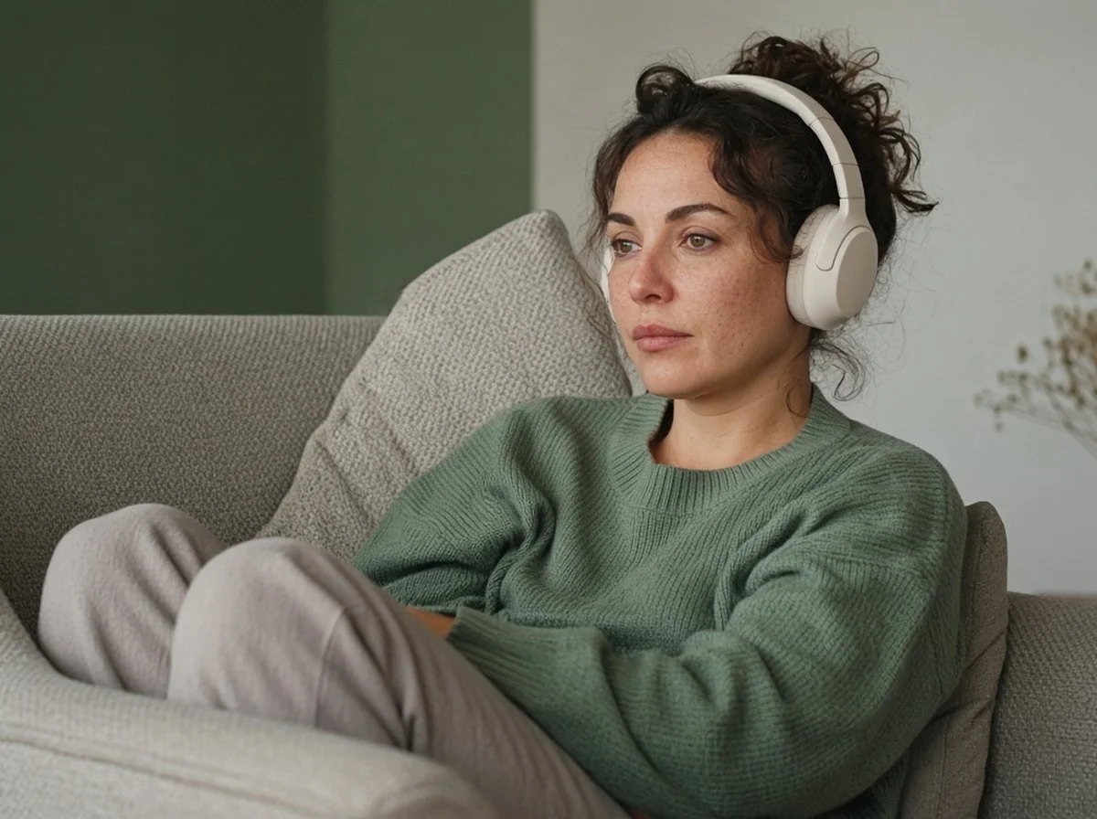 A woman resting in a quiet, softly lit room wearing headphones