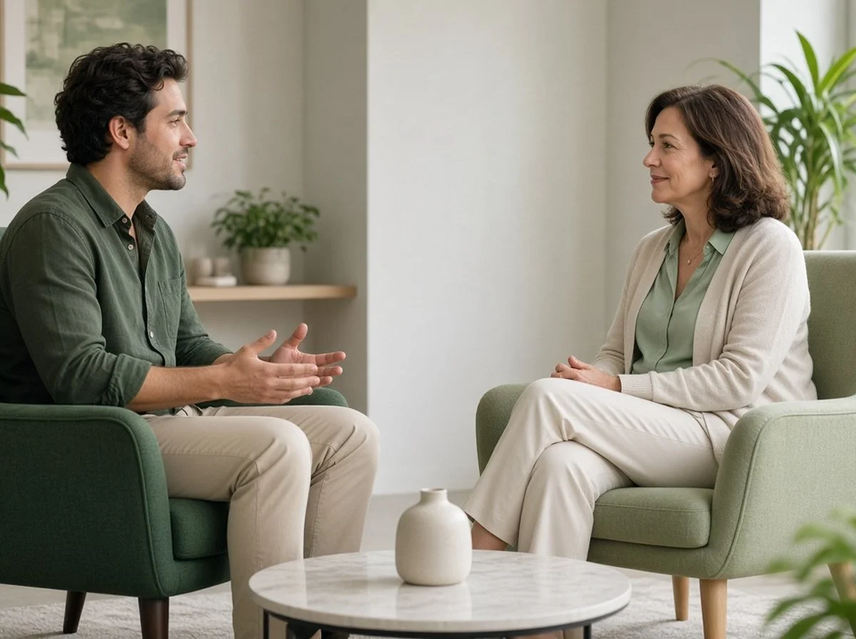 A man talking with a counsellor in a bright office