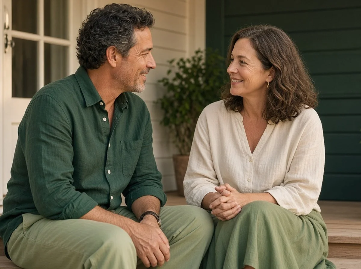 A couple in midlife talking together at home