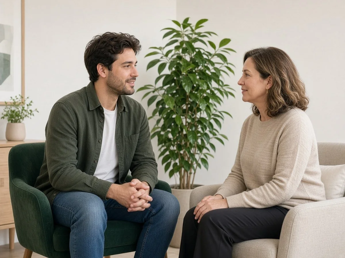 Young man talking with a therapist in a bright counselling office
