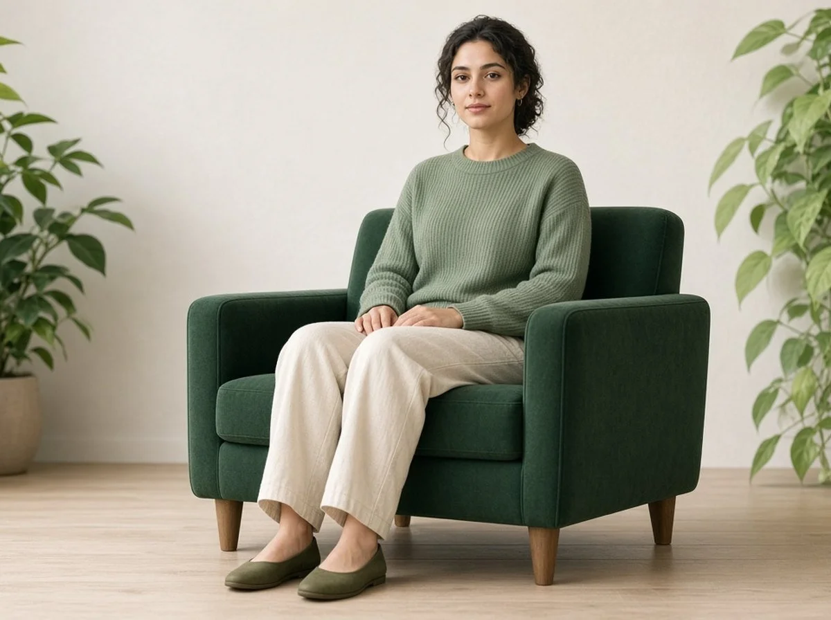 Young woman seated calmly in an armchair with her feet flat on the floor
