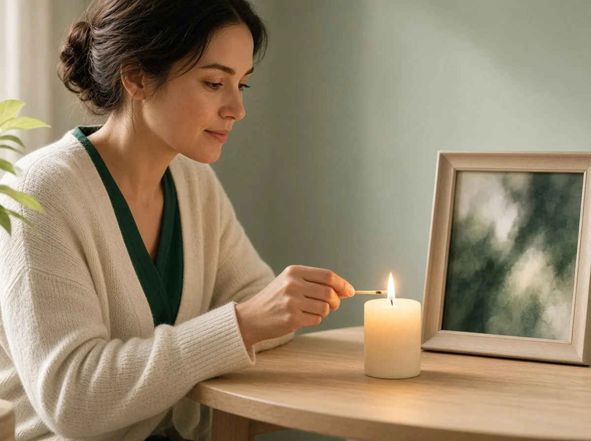 A person lighting a candle beside a framed photo