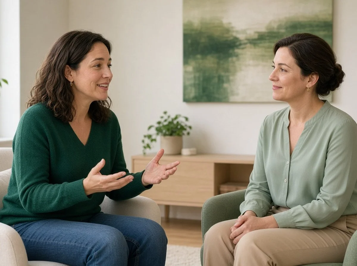 Woman talking with a therapist in a bright counselling room