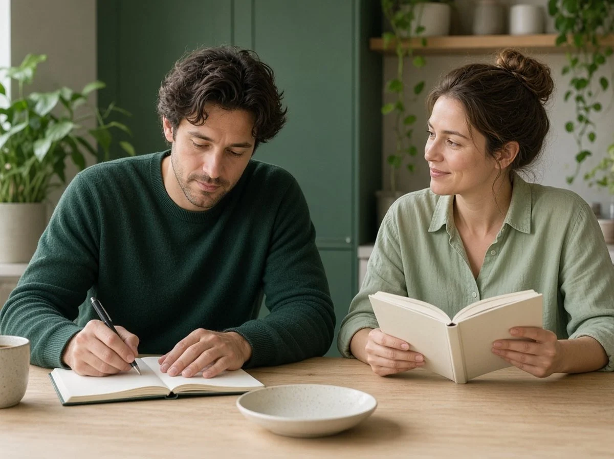 A man writing in a notebook at home while his partner smiles nearby
