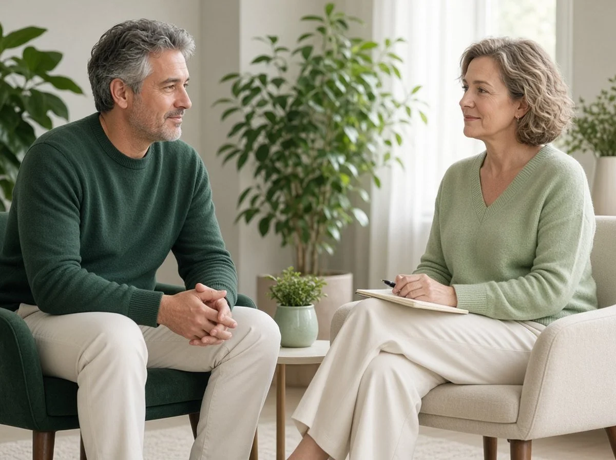 Adult talking with a therapist in a bright, calm counselling room