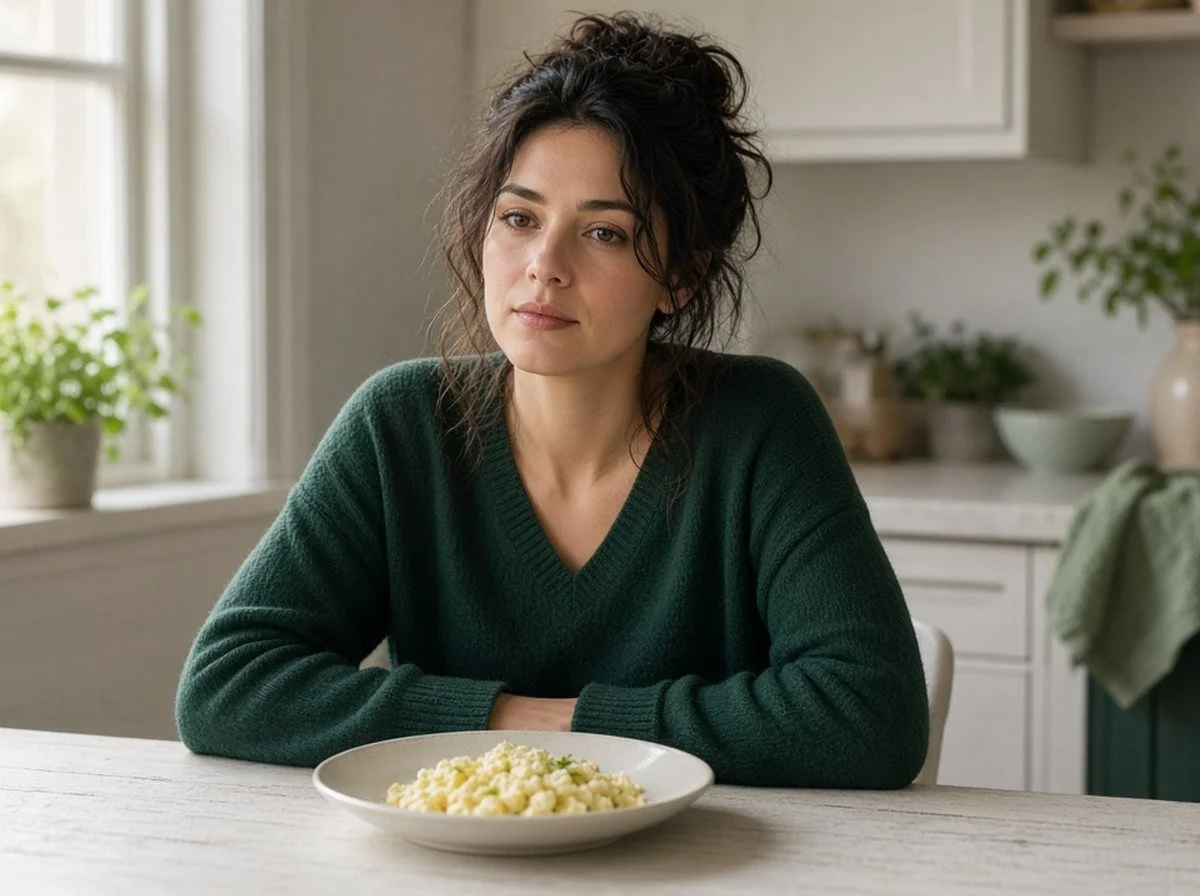 A woman sitting at a kitchen table with a small plate of food, looking thoughtful