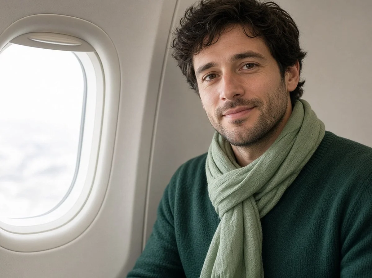 Man sitting calmly in a plane window seat