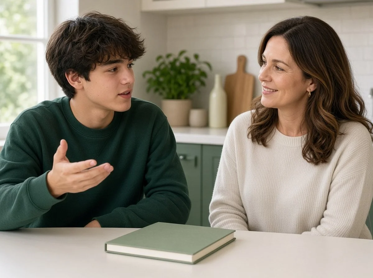 A teenage boy and his mother planning homework together
