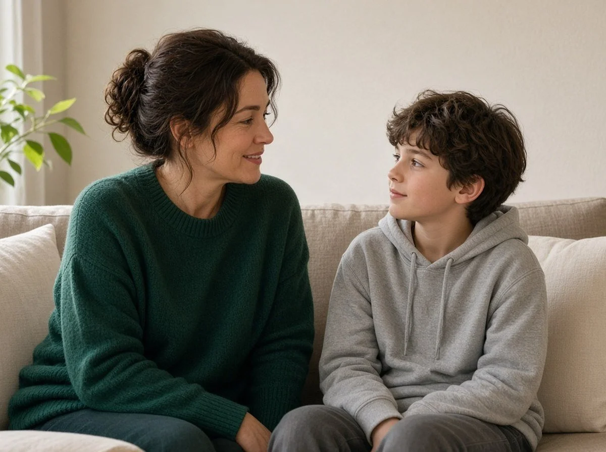 A parent and a school-age child facing each other on a couch, both faces visible, talking gently