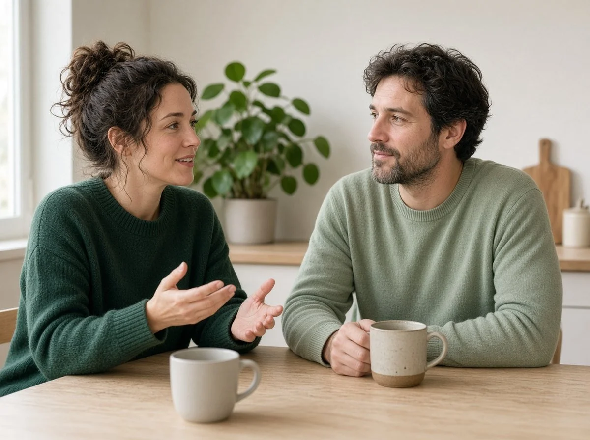 Couple talking calmly at a kitchen table