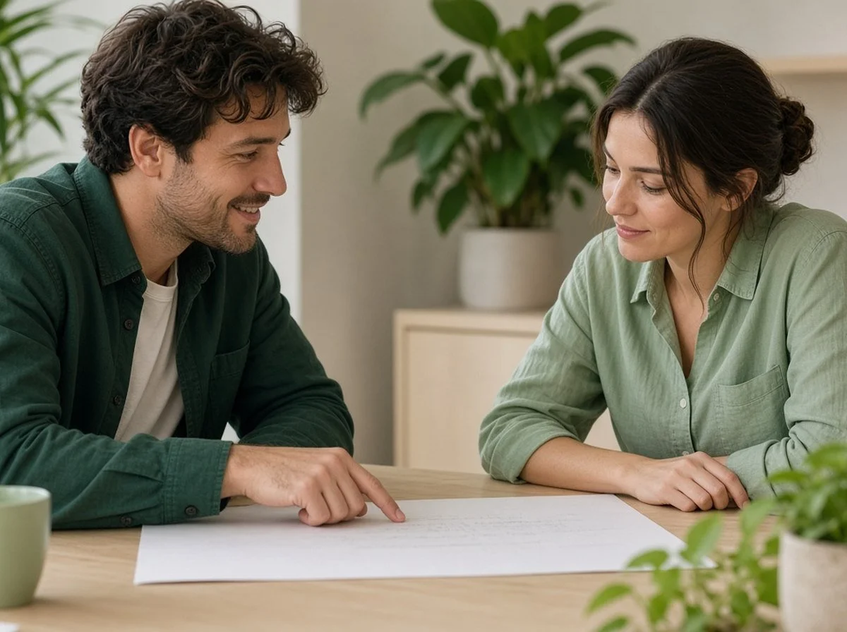 Two coworkers reviewing a written plan together at a quiet desk