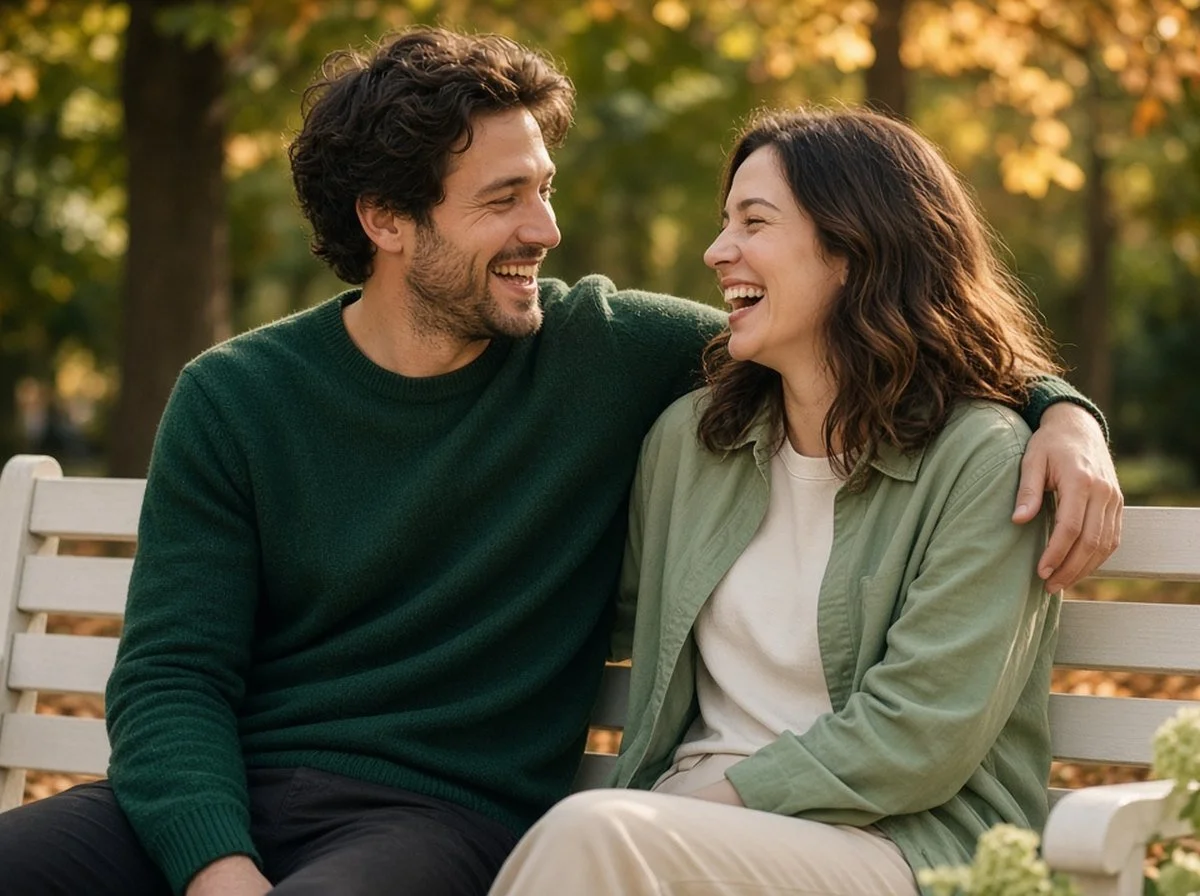 Couple laughing together on a park bench in autumn