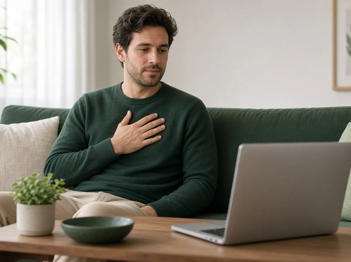 An adult practising a skill during an online therapy session at home