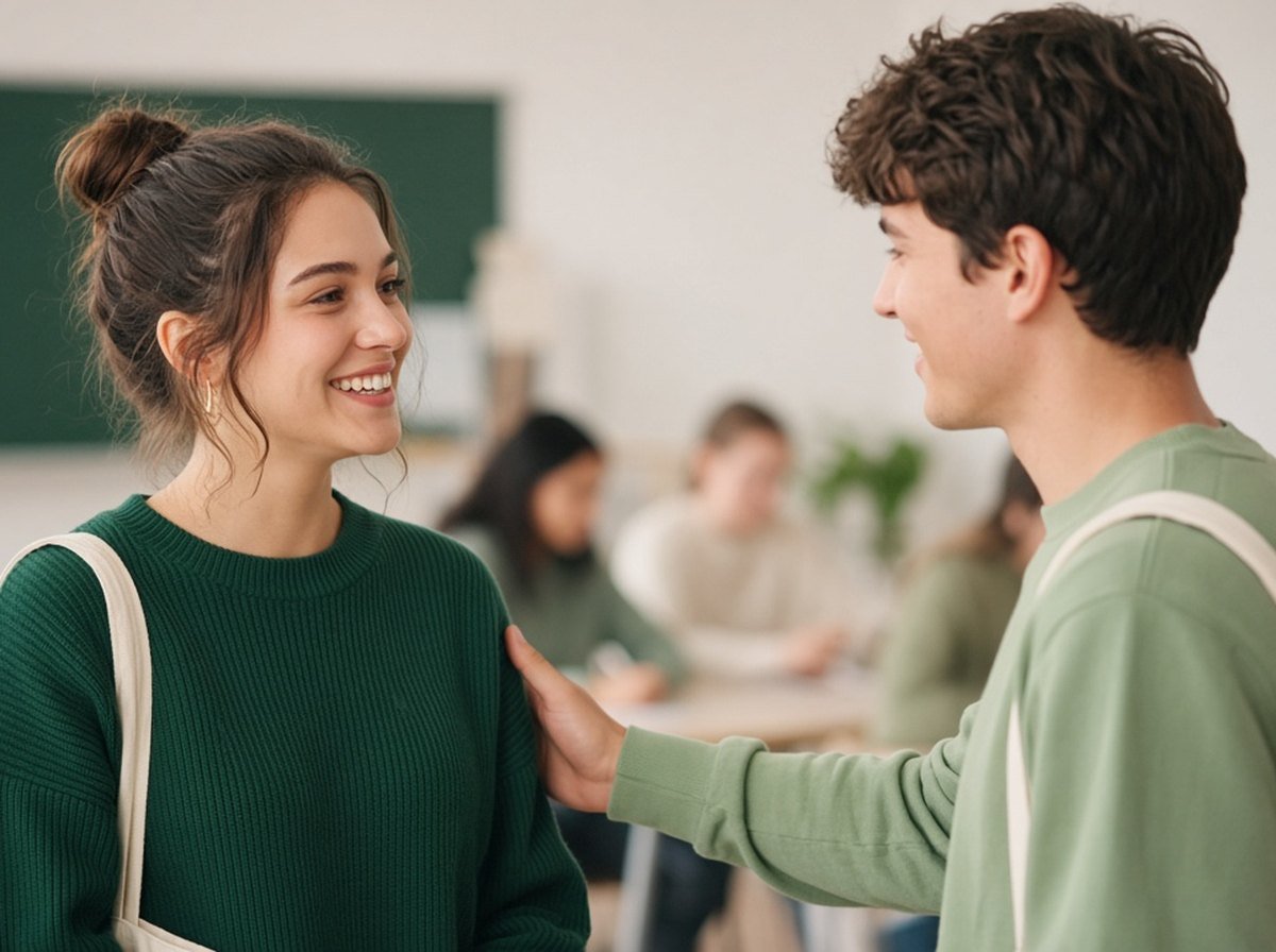 A student smiling with relief as a classmate congratulates her